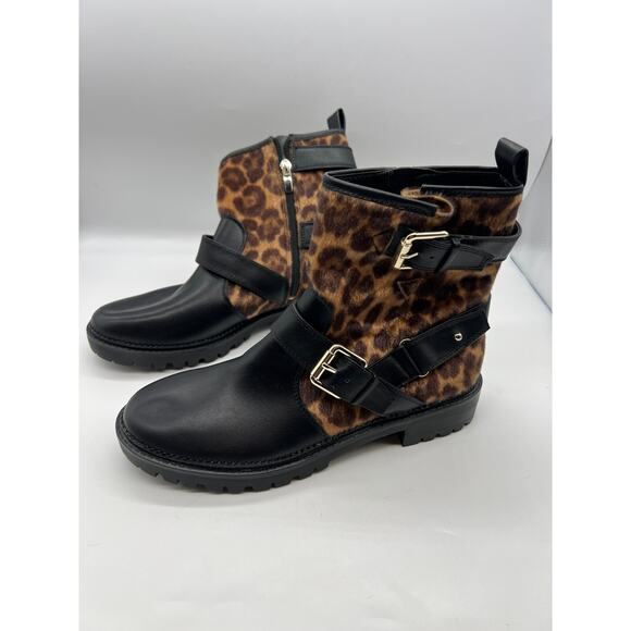 Nine West Aria Black Cheetah Print Ankle Boots Size 10 Biker Combat Buckle - Picture 1 of 7